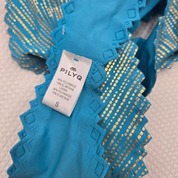 PilyQ Womens S Turquoise Blue Gold Metallic Trim Bikini Bottom NEW Reversible - Picture 5 of 6